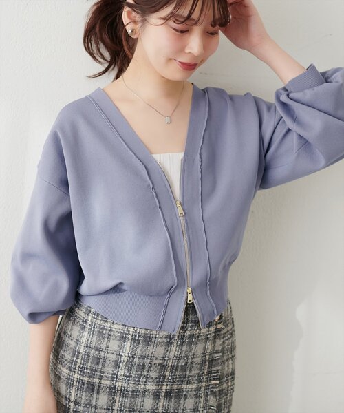 natural couture（ナチュラルクチュール）の「ポリニットWzipカーデ（カーディガン/ボレロ・レディース・アイボリー/サックスブルー/ブラック/モカ/パープル・FREE）」の4枚目の写真