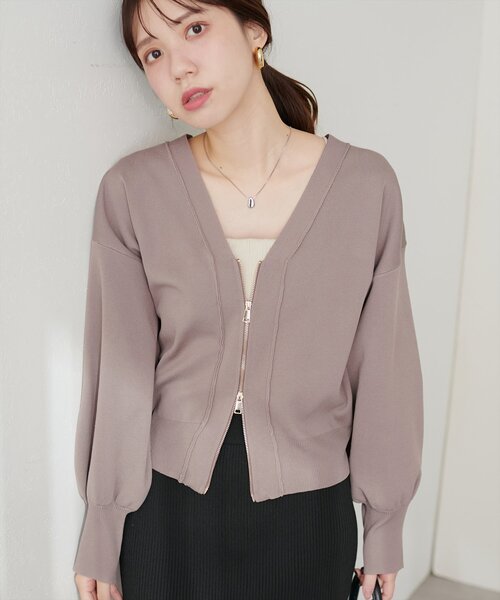 natural couture（ナチュラルクチュール）の「ポリニットWzipカーデ（カーディガン/ボレロ・レディース・アイボリー/サックスブルー/ブラック/モカ/パープル・FREE）」の3枚目の写真