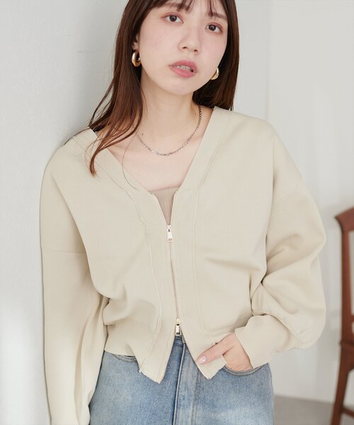 natural couture（ナチュラルクチュール）の「ポリニットWzipカーデ（カーディガン/ボレロ・レディース・アイボリー/サックスブルー/ブラック/モカ/パープル・FREE）」の6枚目の写真