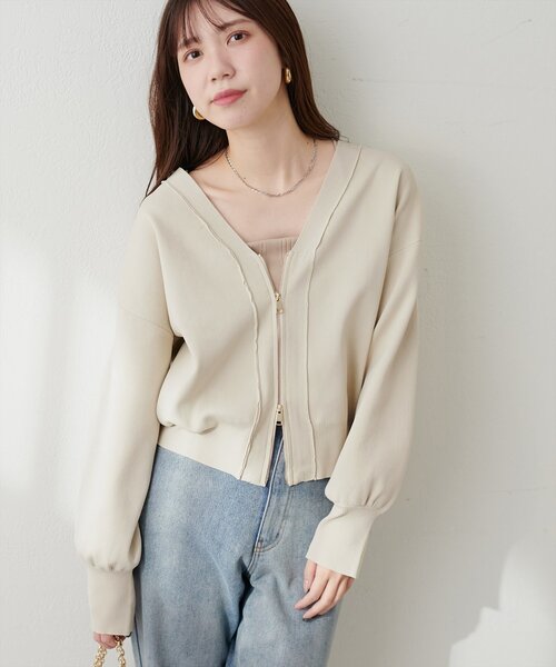 natural couture（ナチュラルクチュール）の「ポリニットWzipカーデ（カーディガン/ボレロ・レディース・アイボリー/サックスブルー/ブラック/モカ/パープル・FREE）」の7枚目の写真