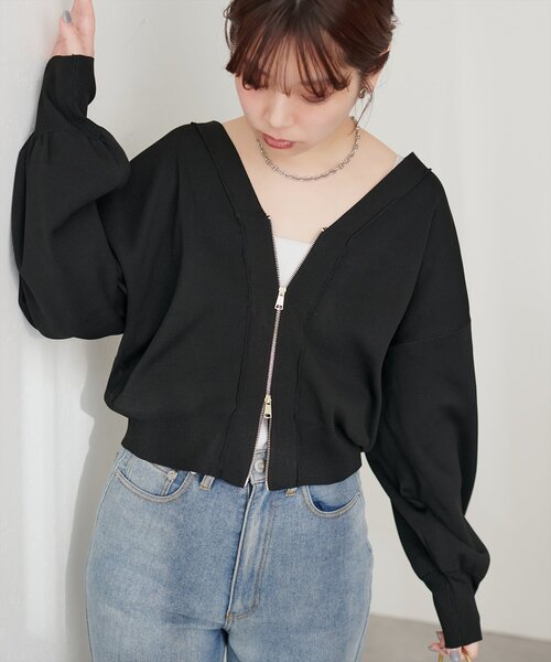 natural couture（ナチュラルクチュール）の「ポリニットWzipカーデ（カーディガン/ボレロ・レディース・アイボリー/サックスブルー/ブラック/モカ/パープル・FREE）」の11枚目の写真