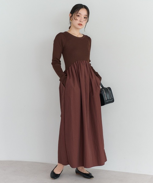 セール】異素材切り替えニットワンピース（ワンピース）｜Bonjour
