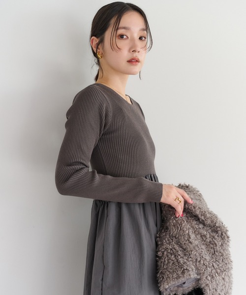 セール】異素材切り替えニットワンピース（ワンピース）｜Bonjour