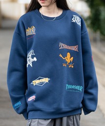 【at】〔THRASHER/スラッシャー〕裏起毛 総柄プリント＆刺繍 クルーネック ビッグスウェット