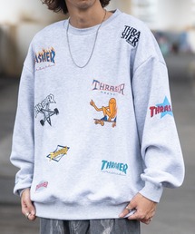 【at】〔THRASHER/スラッシャー〕裏起毛 総柄プリント＆刺繍 クルーネック ビッグスウェット