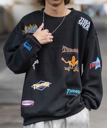 【at】〔THRASHER/スラッシャー〕裏起毛 総柄プリント&刺繍 クルーネック ビッグスウェット