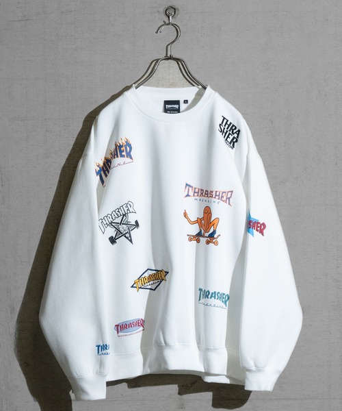 【at】〔THRASHER/スラッシャー〕裏起毛 総柄プリント＆刺繍 クルーネック ビッグスウェット（スウェット）｜THRASHER（スラッシャー）