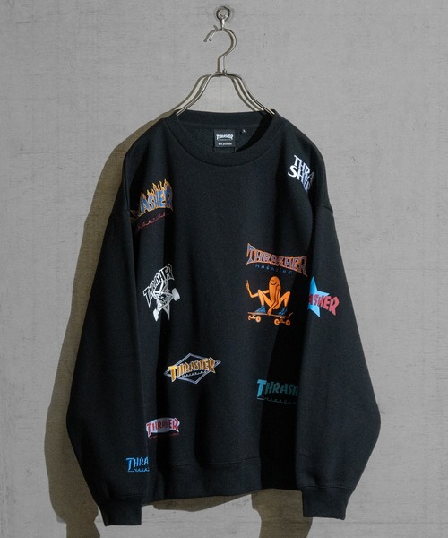 【at】〔THRASHER/スラッシャー〕裏起毛 総柄プリント＆刺繍 クルーネック ビッグスウェット（スウェット）｜THRASHER（スラッシャー）