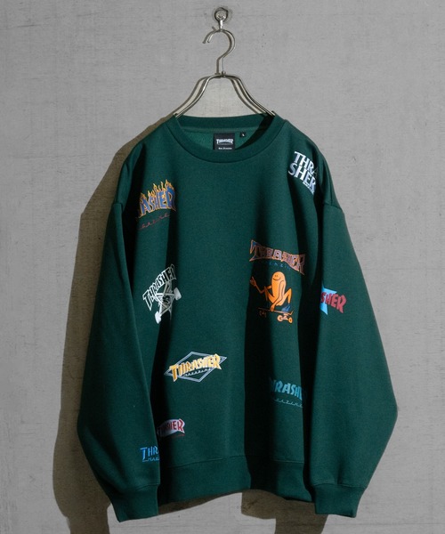 【at】〔THRASHER/スラッシャー〕裏起毛 総柄プリント＆刺繍 クルーネック ビッグスウェット（スウェット）｜THRASHER（スラッシャー）