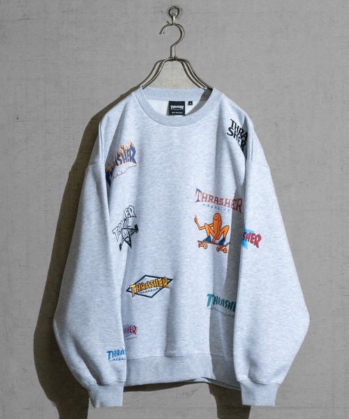 【at】〔THRASHER/スラッシャー〕裏起毛 総柄プリント＆刺繍 クルーネック ビッグスウェット（スウェット）｜THRASHER（スラッシャー）