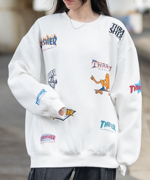 【at】〔THRASHER/スラッシャー〕裏起毛 総柄プリント＆刺繍 クルーネック ビッグスウェット（スウェット）｜THRASHER（スラッシャー）