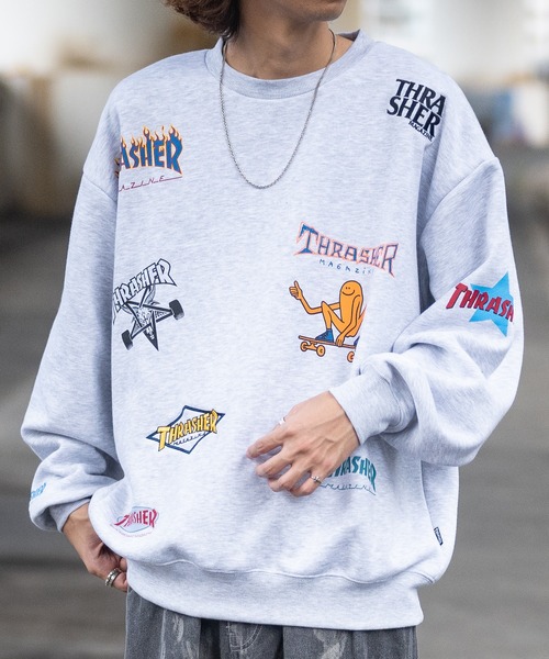 【at】〔THRASHER/スラッシャー〕裏起毛 総柄プリント＆刺繍 クルーネック ビッグスウェット（スウェット）｜THRASHER（スラッシャー）