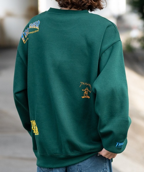 【at】〔THRASHER/スラッシャー〕裏起毛 総柄プリント＆刺繍 クルーネック ビッグスウェット（スウェット）｜THRASHER（スラッシャー）