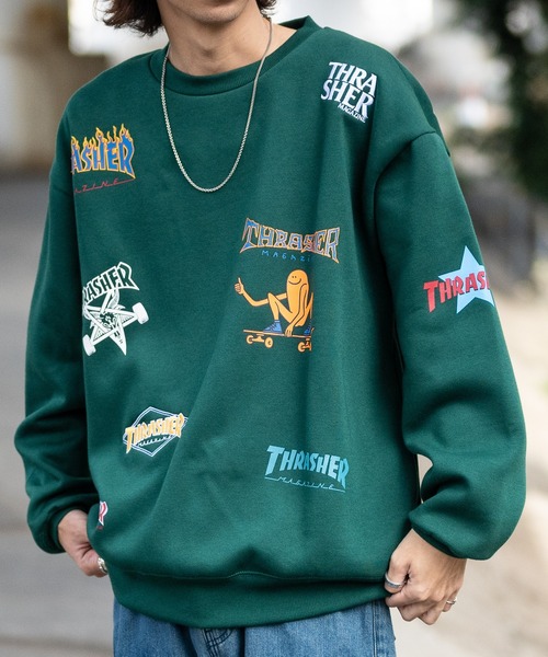 【at】〔THRASHER/スラッシャー〕裏起毛 総柄プリント＆刺繍 クルーネック ビッグスウェット（スウェット）｜THRASHER（スラッシャー）