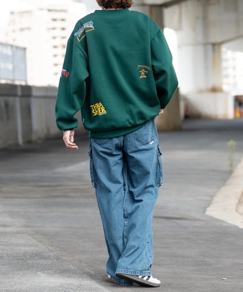 【at】〔THRASHER/スラッシャー〕裏起毛 総柄プリント＆刺繍 クルーネック ビッグスウェット（スウェット）｜THRASHER（スラッシャー）