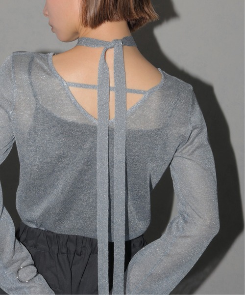 cheriella(シェリエラ)の「【cheriella】ボウタイラメシアーニット BOWTIE LAME SHEER KNIT(ニット/セーター・レディース・チャコール/マスタード/ライトブルー・M)」の5枚目の写真