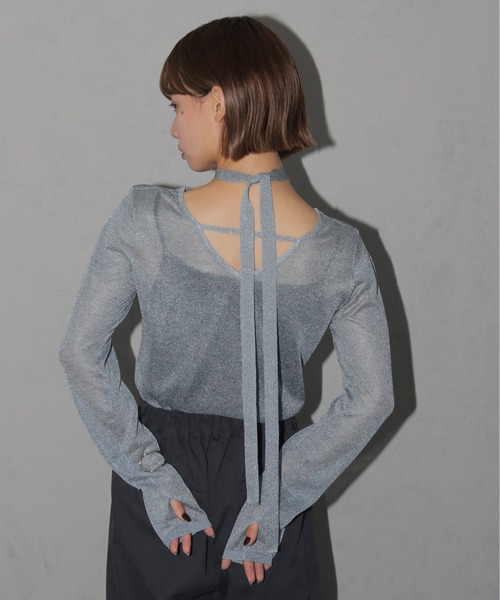 cheriella(シェリエラ)の「【cheriella】ボウタイラメシアーニット BOWTIE LAME SHEER KNIT(ニット/セーター・レディース・チャコール/マスタード/ライトブルー・M)」の4枚目の写真