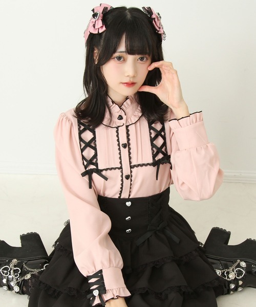 DearMyLove（ディアマイラブ）の「レースアップフリル襟ブラウス（シャツ/ブラウス・レディース・ベビーピンク/ブラック/ボルドー/ホワイト・MEDIUM/LARGE/LL/3L）」の4枚目の写真