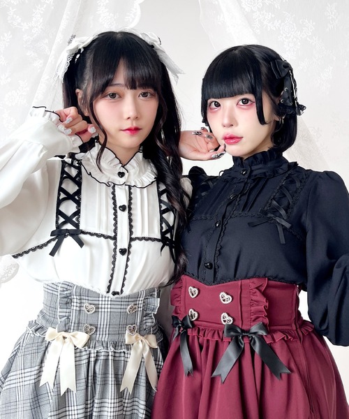 DearMyLove（ディアマイラブ）の「レースアップフリル襟ブラウス（シャツ/ブラウス・レディース・ベビーピンク/ブラック/ボルドー/ホワイト・MEDIUM/LARGE/LL/3L）」の3枚目の写真