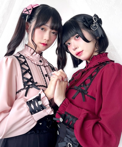 DearMyLove（ディアマイラブ）の「レースアップフリル襟ブラウス（シャツ/ブラウス・レディース・ベビーピンク/ブラック/ボルドー/ホワイト・MEDIUM/LARGE/LL/3L）」の8枚目の写真