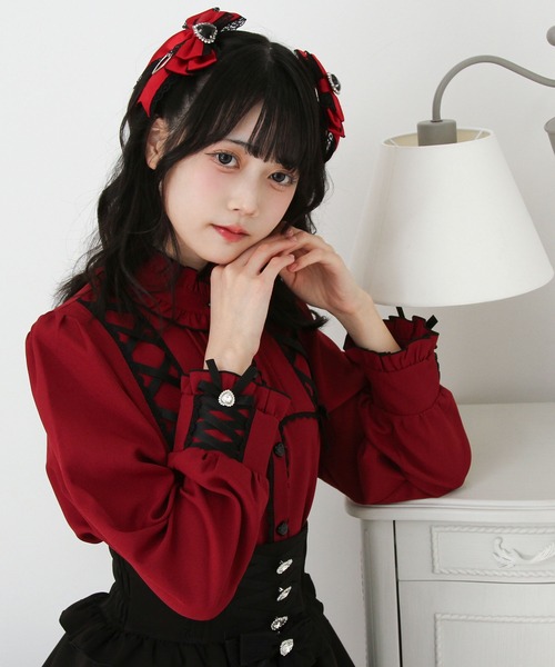 DearMyLove（ディアマイラブ）の「レースアップフリル襟ブラウス（シャツ/ブラウス・レディース・ベビーピンク/ブラック/ボルドー/ホワイト・MEDIUM/LARGE/LL/3L）」の20枚目の写真