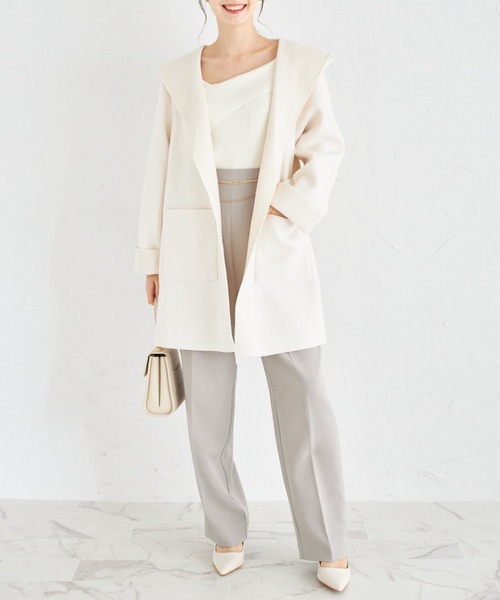 tocco closet(トッコ クローゼット)の「ポケット付きダブルフェイスフードコーディガン(カーディガン/ボレロ・レディース・ブラック/アイボリー/ベージュ・M)」の9枚目の写真