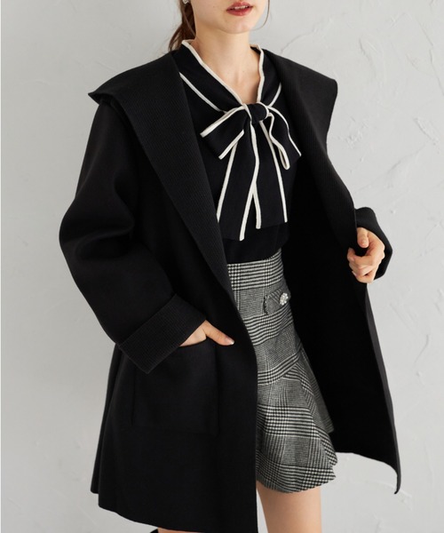 tocco closet(トッコ クローゼット)の「ポケット付きダブルフェイスフードコーディガン(カーディガン/ボレロ・レディース・ブラック/アイボリー/ベージュ・M)」の16枚目の写真
