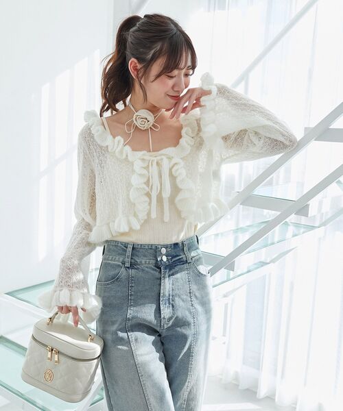 MAJESTIC LEGON（マジェスティックレゴン）の「フリルカーデ×リボンインナーセット（カーディガン/ボレロ・レディース・グレー/アイボリー/レッド/ピンク/イエロー・MEDIUM）」の11枚目の写真