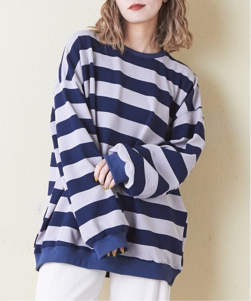 CUBE SUGAR（キューブシュガー）の「リブ編み風ボーダープルオーバー（Tシャツ/カットソー・レディース・ネイビー/パープル/ブラウン/ブラック・M）」の4枚目の写真