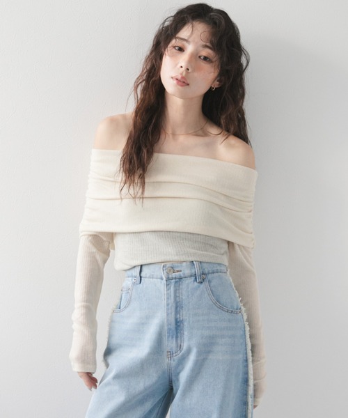rectangle(レクタングル)の「シアーギャザーオフショルトップス(Tシャツ/カットソー・レディース・アイボリー/ブラック/グレー・FREE)」の1枚目の写真