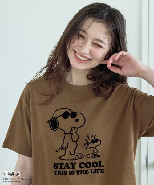 PEANUTS（ピーナッツ）の「【PEANUTS/ピーナッツ】SNOOPY/スヌーピー＆ウッドストックフロッキープリントTシャツ（Tシャツ/カットソー・レディース・オフホワイト/ピンク/モカ/ネイビー・M/L/LL/3L）」の17枚目の写真