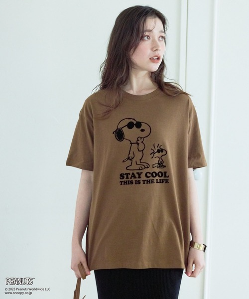 PEANUTS（ピーナッツ）の「【PEANUTS/ピーナッツ】SNOOPY/スヌーピー＆ウッドストックフロッキープリントTシャツ（Tシャツ/カットソー・レディース・オフホワイト/ピンク/モカ/ネイビー・M/L/LL/3L）」の21枚目の写真