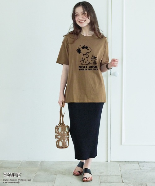 PEANUTS（ピーナッツ）の「【PEANUTS/ピーナッツ】SNOOPY/スヌーピー＆ウッドストックフロッキープリントTシャツ（Tシャツ/カットソー・レディース・オフホワイト/ピンク/モカ/ネイビー・M/L/LL/3L）」の22枚目の写真