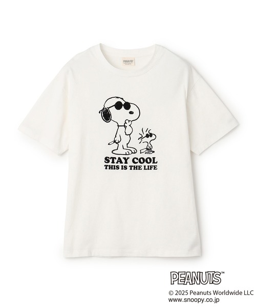 PEANUTS（ピーナッツ）の「【PEANUTS/ピーナッツ】SNOOPY/スヌーピー＆ウッドストックフロッキープリントTシャツ（Tシャツ/カットソー・レディース・オフホワイト/ピンク/モカ/ネイビー・M/L/LL/3L）」の5枚目の写真
