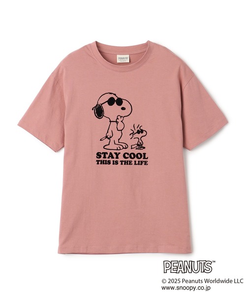 PEANUTS（ピーナッツ）の「【PEANUTS/ピーナッツ】SNOOPY/スヌーピー＆ウッドストックフロッキープリントTシャツ（Tシャツ/カットソー・レディース・オフホワイト/ピンク/モカ/ネイビー・M/L/LL/3L）」の8枚目の写真