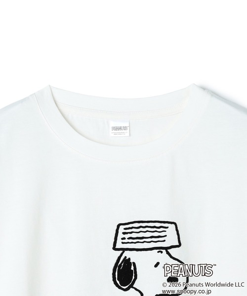 PEANUTS（ピーナッツ）の「【PEANUTS/ピーナッツ】SNOOPY/スヌーピー＆ウッドストックフロッキープリントTシャツ（Tシャツ/カットソー・レディース・オフホワイト/ピンク/モカ/ネイビー・M/L/LL/3L）」の7枚目の写真