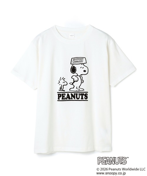 PEANUTS（ピーナッツ）の「【PEANUTS/ピーナッツ】SNOOPY/スヌーピー＆ウッドストックフロッキープリントTシャツ（Tシャツ/カットソー・レディース・オフホワイト/ピンク/モカ/ネイビー・M/L/LL/3L）」の5枚目の写真
