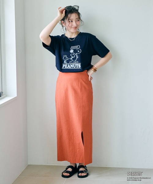 PEANUTS（ピーナッツ）の「【PEANUTS/ピーナッツ】SNOOPY/スヌーピー＆ウッドストックフロッキープリントTシャツ（Tシャツ/カットソー・レディース・オフホワイト/ピンク/モカ/ネイビー・M/L/LL/3L）」の17枚目の写真