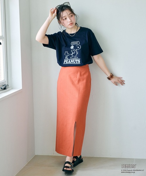 PEANUTS（ピーナッツ）の「【PEANUTS/ピーナッツ】SNOOPY/スヌーピー＆ウッドストックフロッキープリントTシャツ（Tシャツ/カットソー・レディース・オフホワイト/ピンク/モカ/ネイビー・M/L/LL/3L）」の15枚目の写真