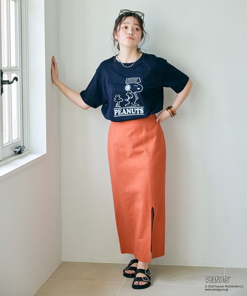 PEANUTS（ピーナッツ）の「【PEANUTS/ピーナッツ】SNOOPY/スヌーピー＆ウッドストックフロッキープリントTシャツ（Tシャツ/カットソー・レディース・オフホワイト/ピンク/モカ/ネイビー・M/L/LL/3L）」の14枚目の写真