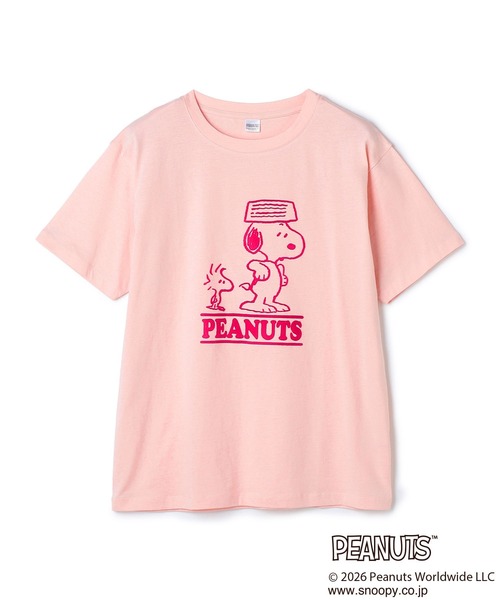 PEANUTS（ピーナッツ）の「【PEANUTS/ピーナッツ】SNOOPY/スヌーピー＆ウッドストックフロッキープリントTシャツ（Tシャツ/カットソー・レディース・オフホワイト/ピンク/モカ/ネイビー・M/L/LL/3L）」の12枚目の写真