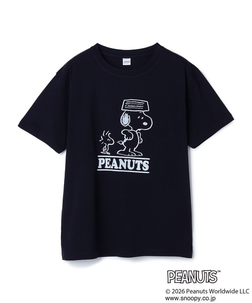 PEANUTS（ピーナッツ）の「【PEANUTS/ピーナッツ】SNOOPY/スヌーピー＆ウッドストックフロッキープリントTシャツ（Tシャツ/カットソー・レディース・オフホワイト/ピンク/モカ/ネイビー・M/L/LL/3L）」の13枚目の写真
