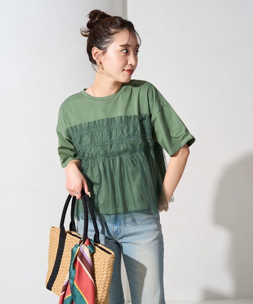 FREAK'S STORE（フリークスストア）の「限定展開　チュール フリル ドッキング 半袖 Tシャツ（Tシャツ/カットソー・レディース・ブラック/オフホワイト/ナチュラル/チャコール/ライトグレー/グリーン・ﾌﾘ-）」の8枚目の写真