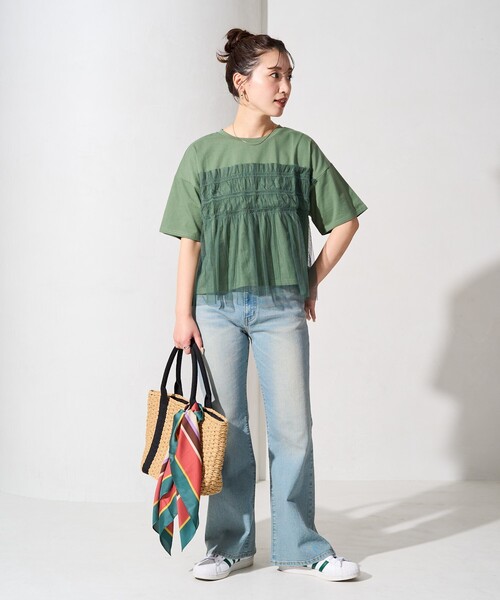 FREAK'S STORE（フリークスストア）の「限定展開　チュール フリル ドッキング 半袖 Tシャツ（Tシャツ/カットソー・レディース・ブラック/オフホワイト/ナチュラル/チャコール/ライトグレー/グリーン・ﾌﾘ-）」の12枚目の写真