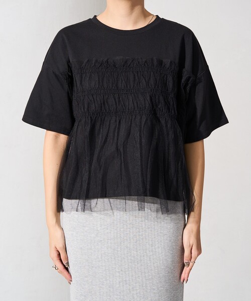 FREAK'S STORE（フリークスストア）の「限定展開　チュール フリル ドッキング 半袖 Tシャツ（Tシャツ/カットソー・レディース・ブラック/オフホワイト/ナチュラル/チャコール/ライトグレー/グリーン・ﾌﾘ-）」の15枚目の写真