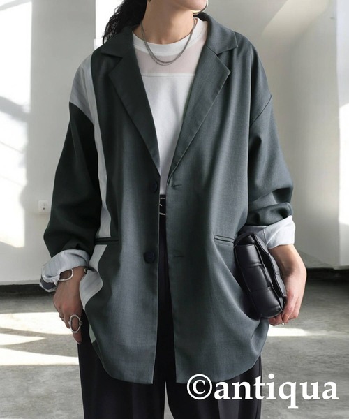 antiqua(アンティカ)の「切り替えストライプジャケット(テーラードジャケット・レディース・ブラック/グレー・ONESIZE)」の1枚目の写真