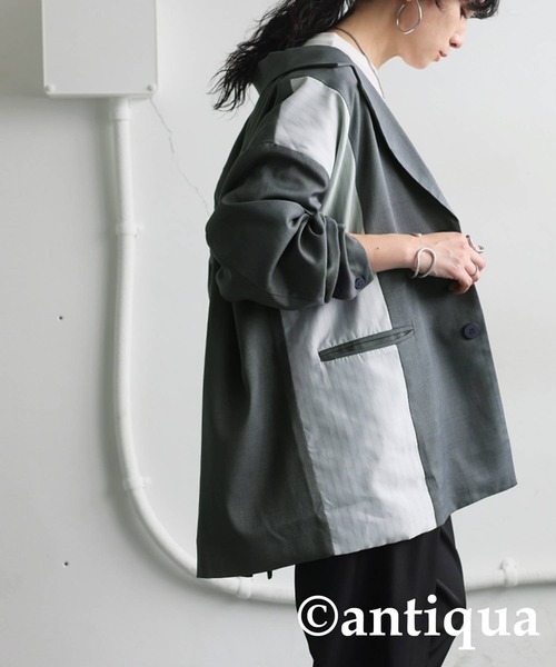 antiqua(アンティカ)の「切り替えストライプジャケット(テーラードジャケット・レディース・ブラック/グレー・ONESIZE)」の12枚目の写真