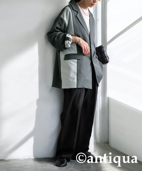 antiqua(アンティカ)の「切り替えストライプジャケット(テーラードジャケット・レディース・ブラック/グレー・ONESIZE)」の13枚目の写真