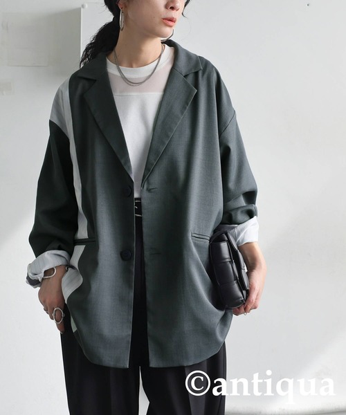antiqua(アンティカ)の「切り替えストライプジャケット(テーラードジャケット・レディース・ブラック/グレー・ONESIZE)」の14枚目の写真
