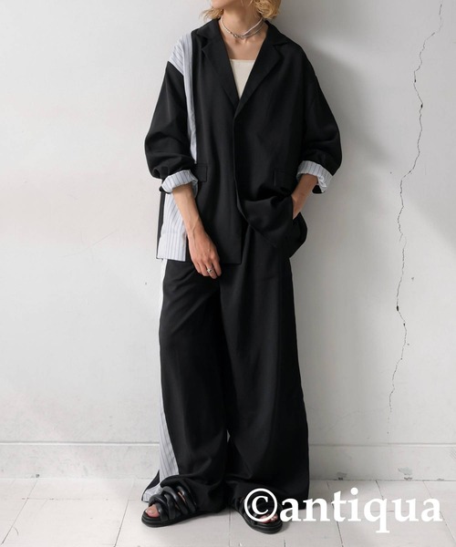 antiqua(アンティカ)の「切り替えストライプジャケット(テーラードジャケット・レディース・ブラック/グレー・ONESIZE)」の5枚目の写真